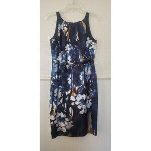 Tahari Satin Sheath Sleeveless Dress Floral Print Womans Size 8 Blue Pre-Owned